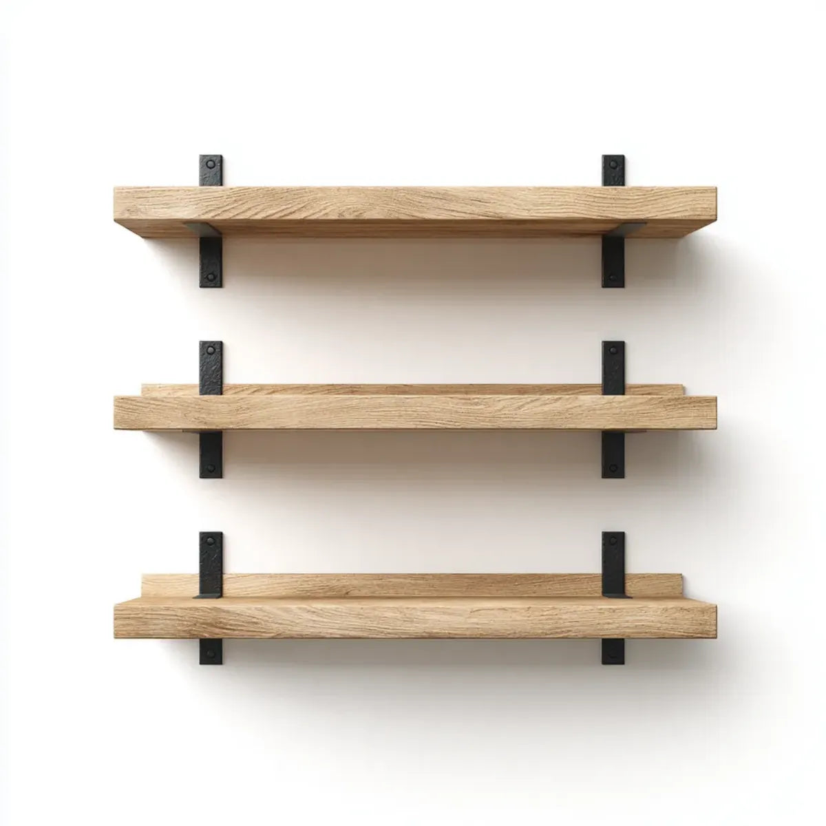 Wandregal 3er Set Eiche natur 90 x 20 x 4 cm Massivholz rechteckig mit schwarzen Stahlhalterungen
