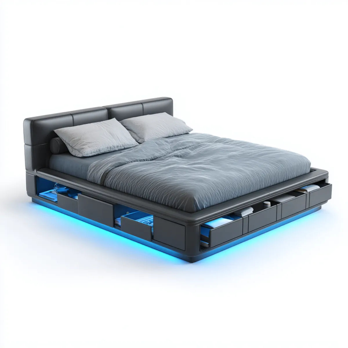 Polsterbett Doppelbett Schwarz 180 x 200 cm PU-Kunstleder Rechteckig mit Stauraumschubladen und LED-Beleuchtung