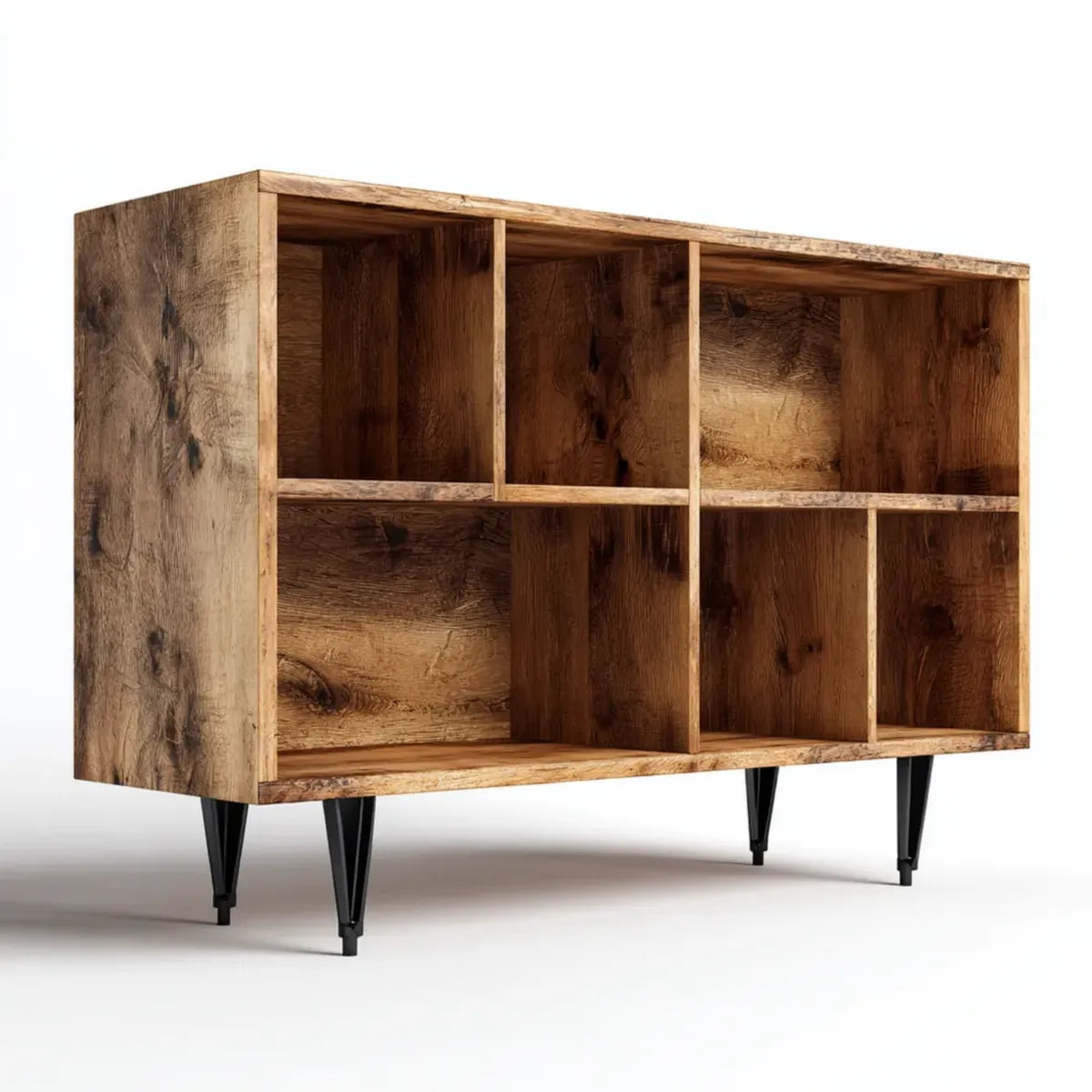 Bücherregal aus massivem Mangoholz Natur 110 x 35 x 75 cm rechteckig mit 6 Fächern und schwarzen Eisenfüßen